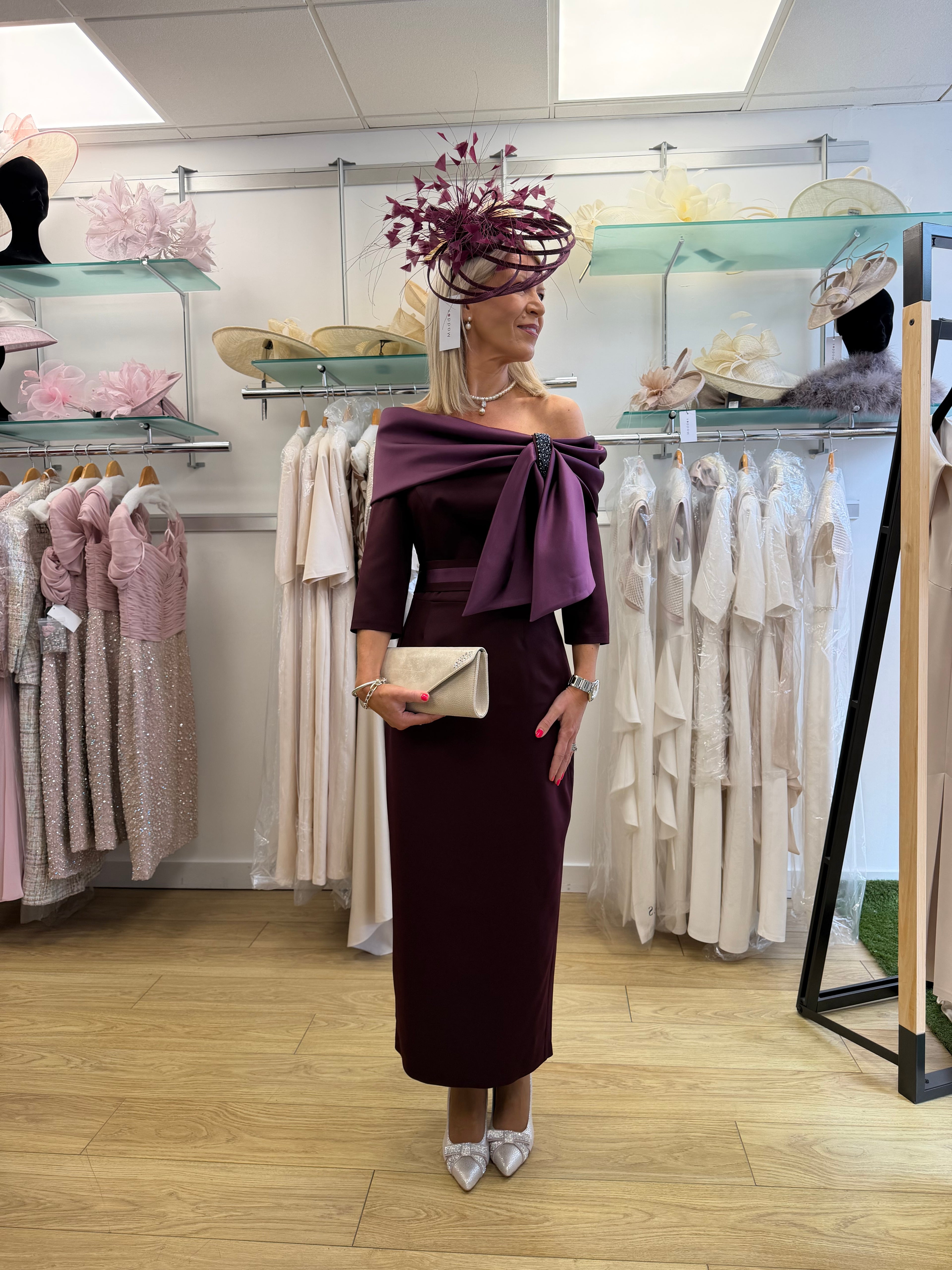 Anoola D474 Plum Off-Shoulder Occasion Dress