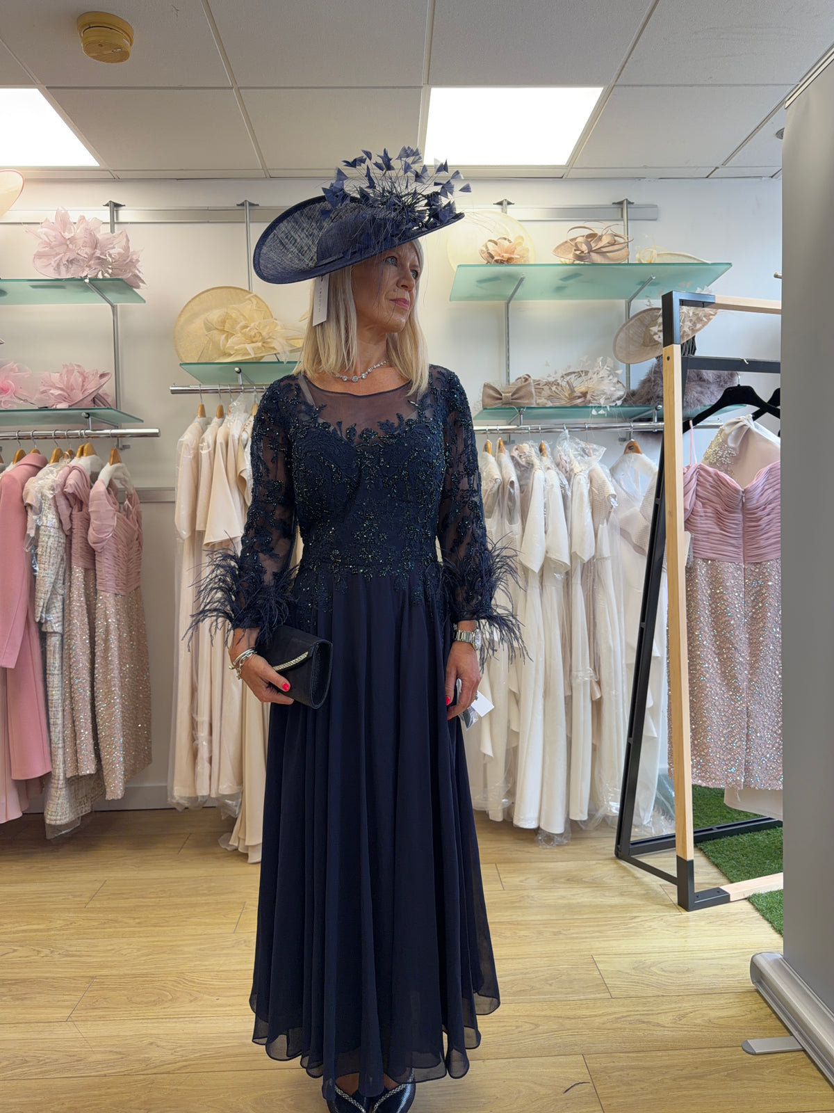 Veni Infantino 992881 Navy Embellished Chiffon Midi Dress with Feather Cuffs