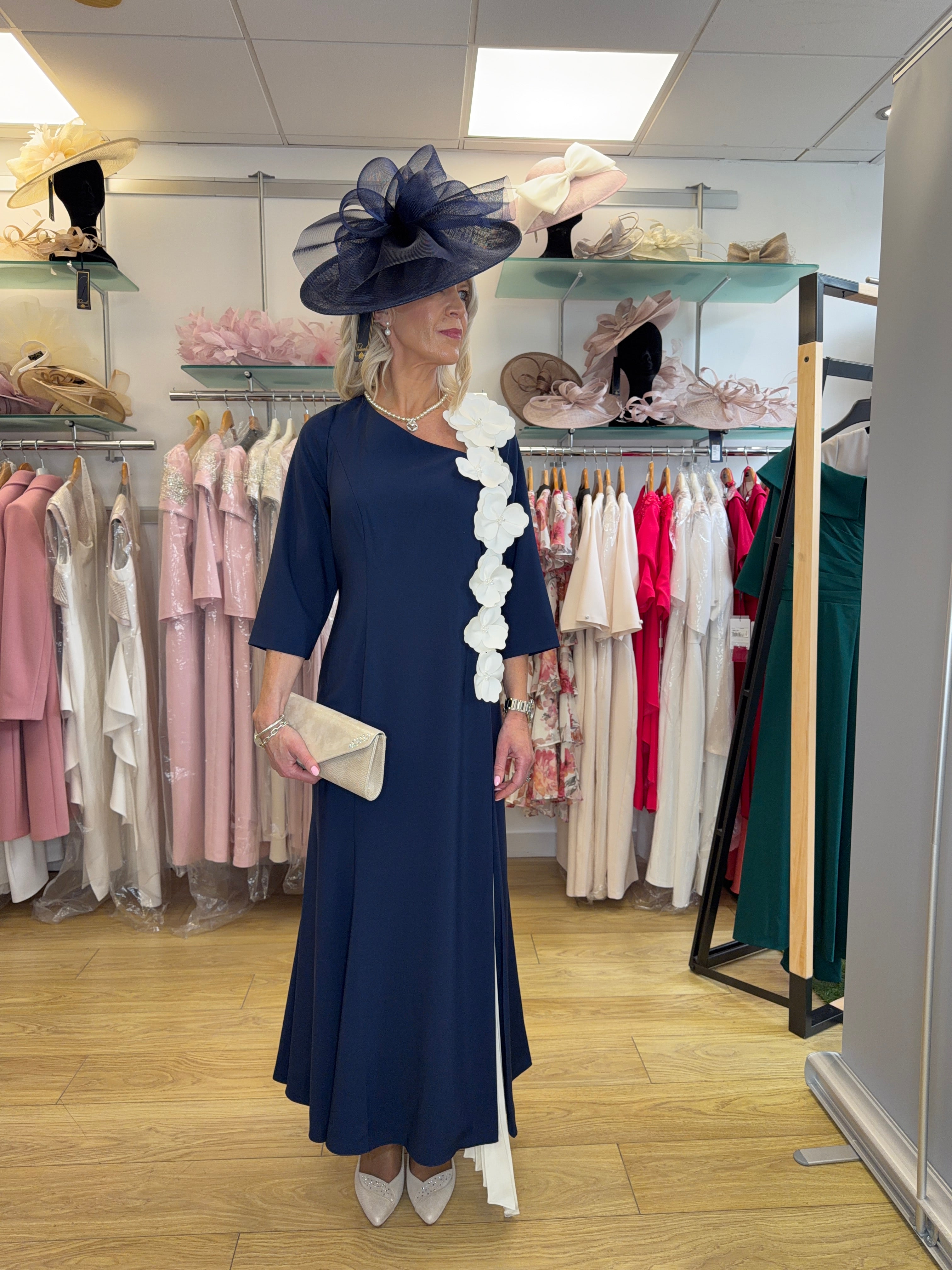 John Charles 29399 Navy & Ivory Floral Detail Mother of the Bride Dress Occasion Wear