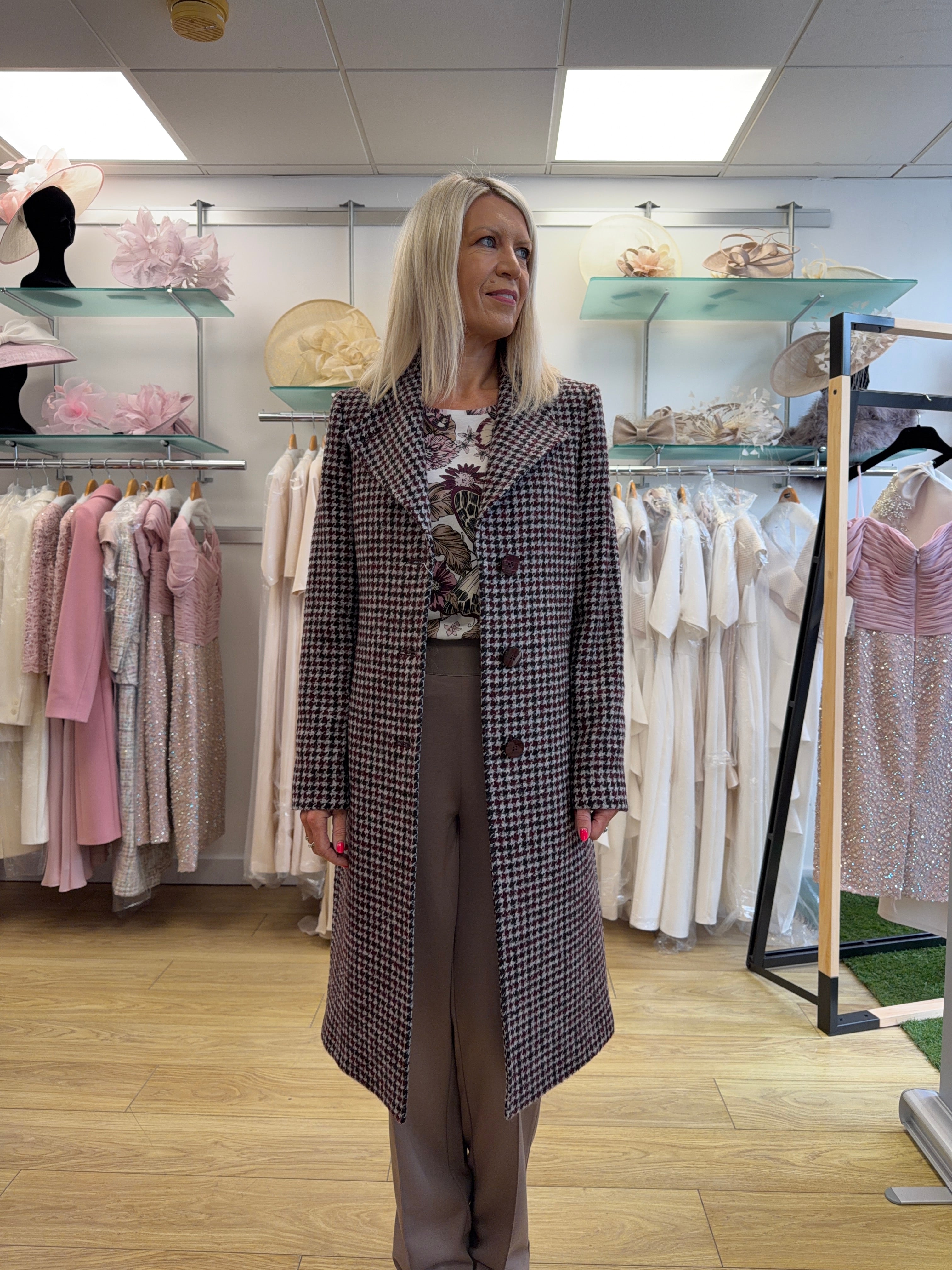 Christina Felix 555-9887 Burgundy Check Wool Coat