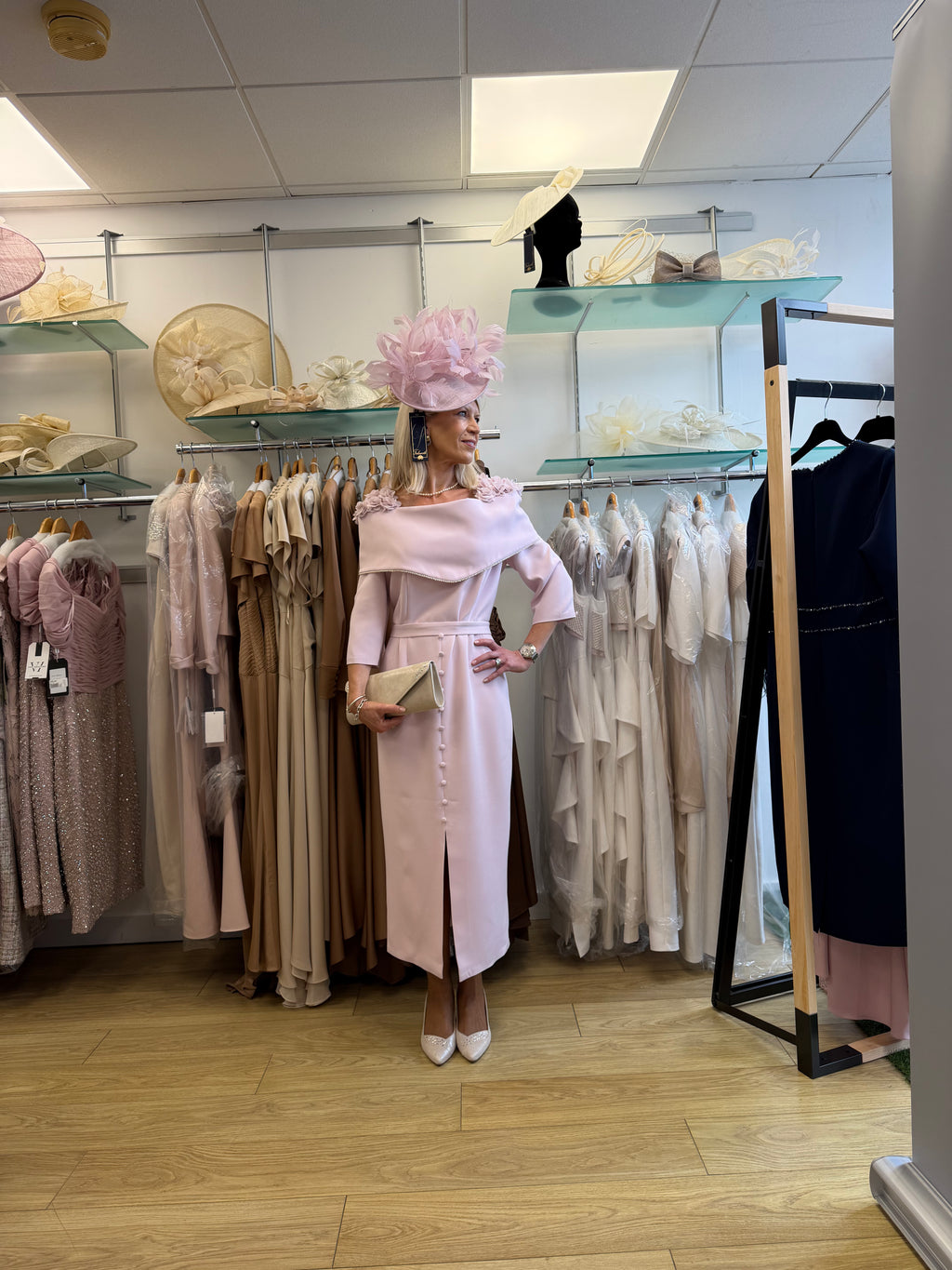 Anoola D482 Ice Pink Bardot Midi Dress with Floral Shoulder Detail