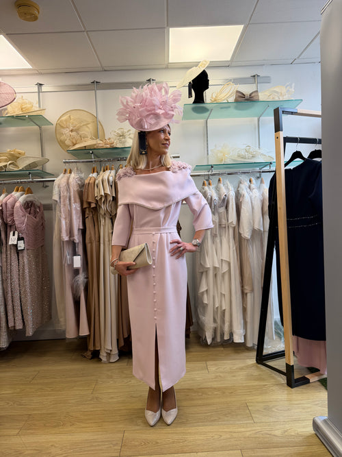 Anoola D482 Ice Pink Bardot Midi Dress with Floral Shoulder Detail