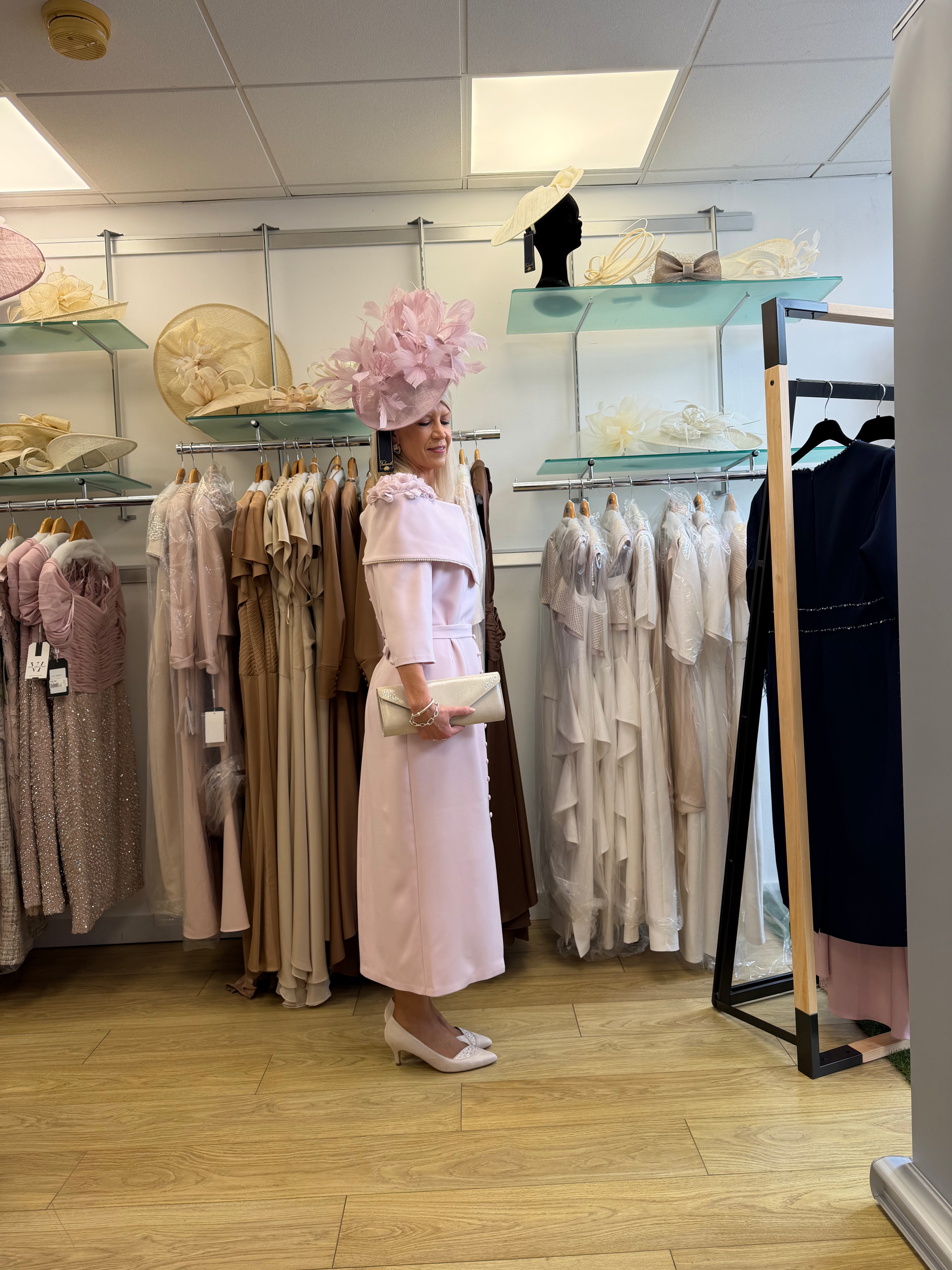 Anoola D482 Ice Pink Bardot Midi Dress with Floral Shoulder Detail