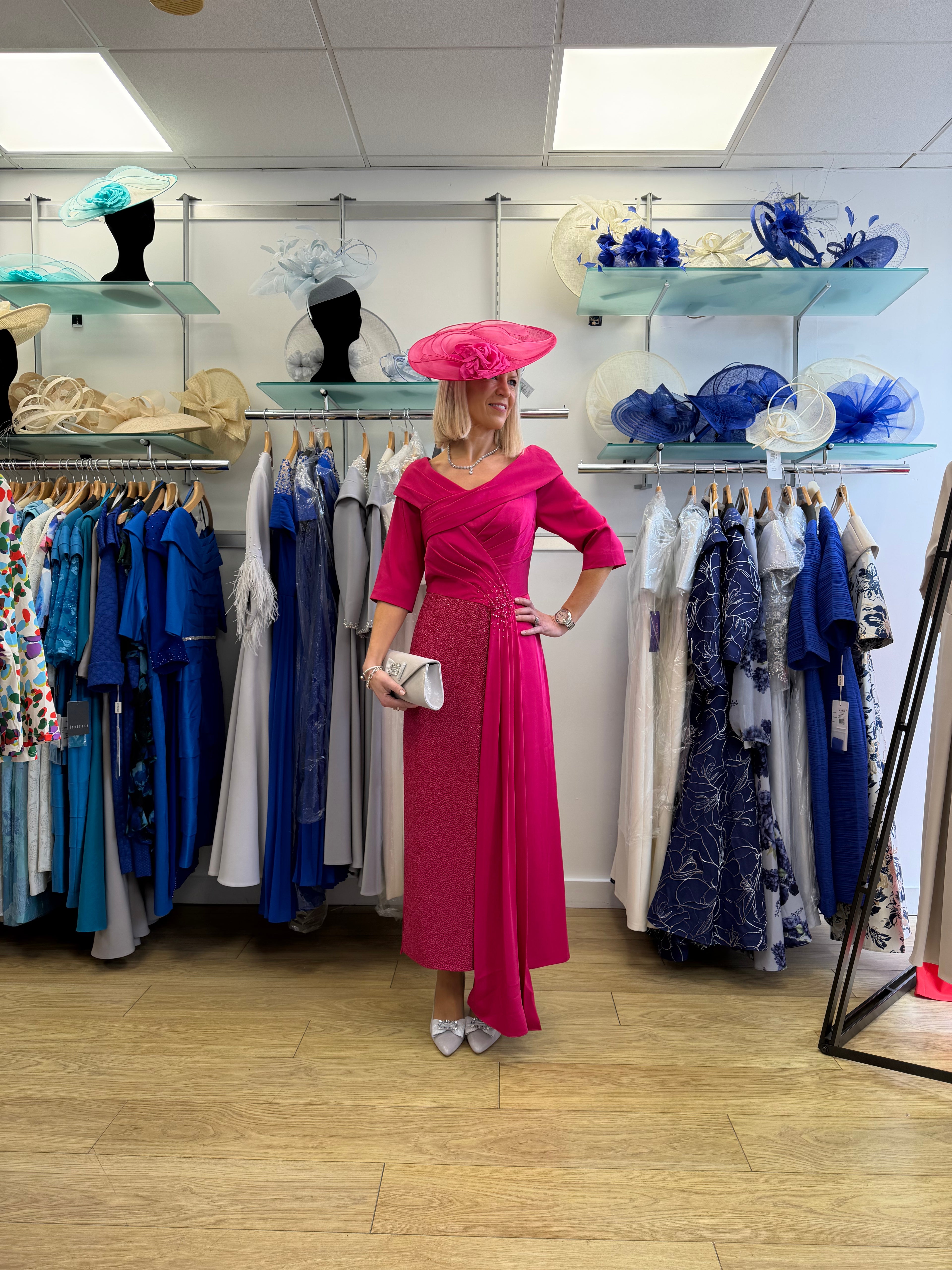 John Charles 29289 Elegant Ruby Pink Dress With Pearlised Crepe Stretch Skirt & Satin Overskirt