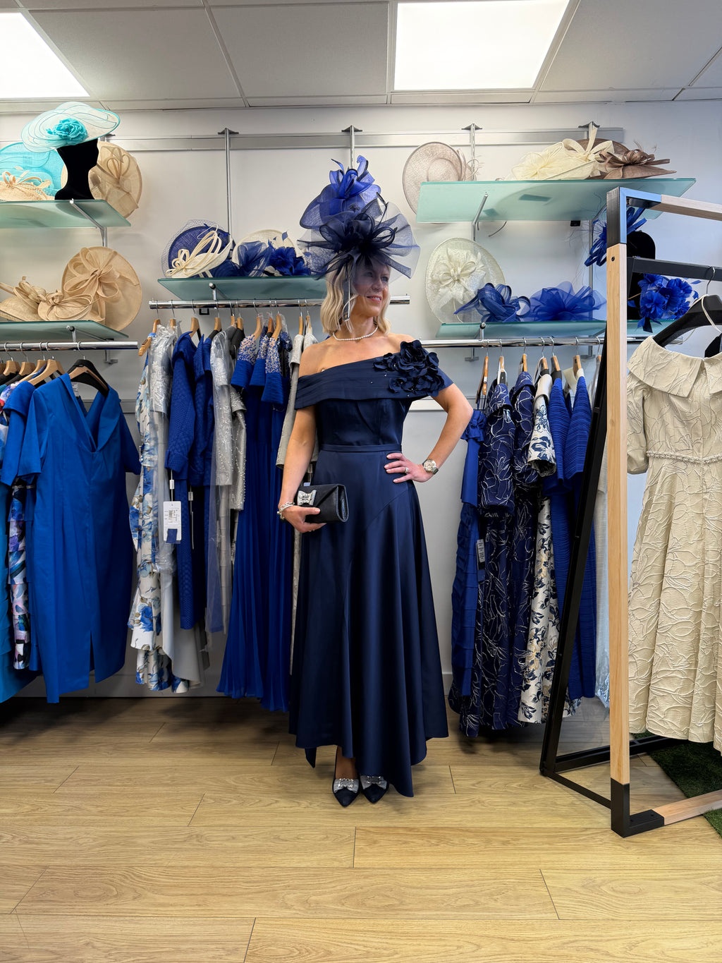 John Charles 29362B Navy Satin Mother of the Bride Dress Off-Shoulder Floral Detail