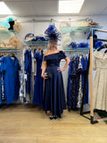 John Charles 29362B Navy Satin Mother of the Bride Dress Off-Shoulder Floral Detail