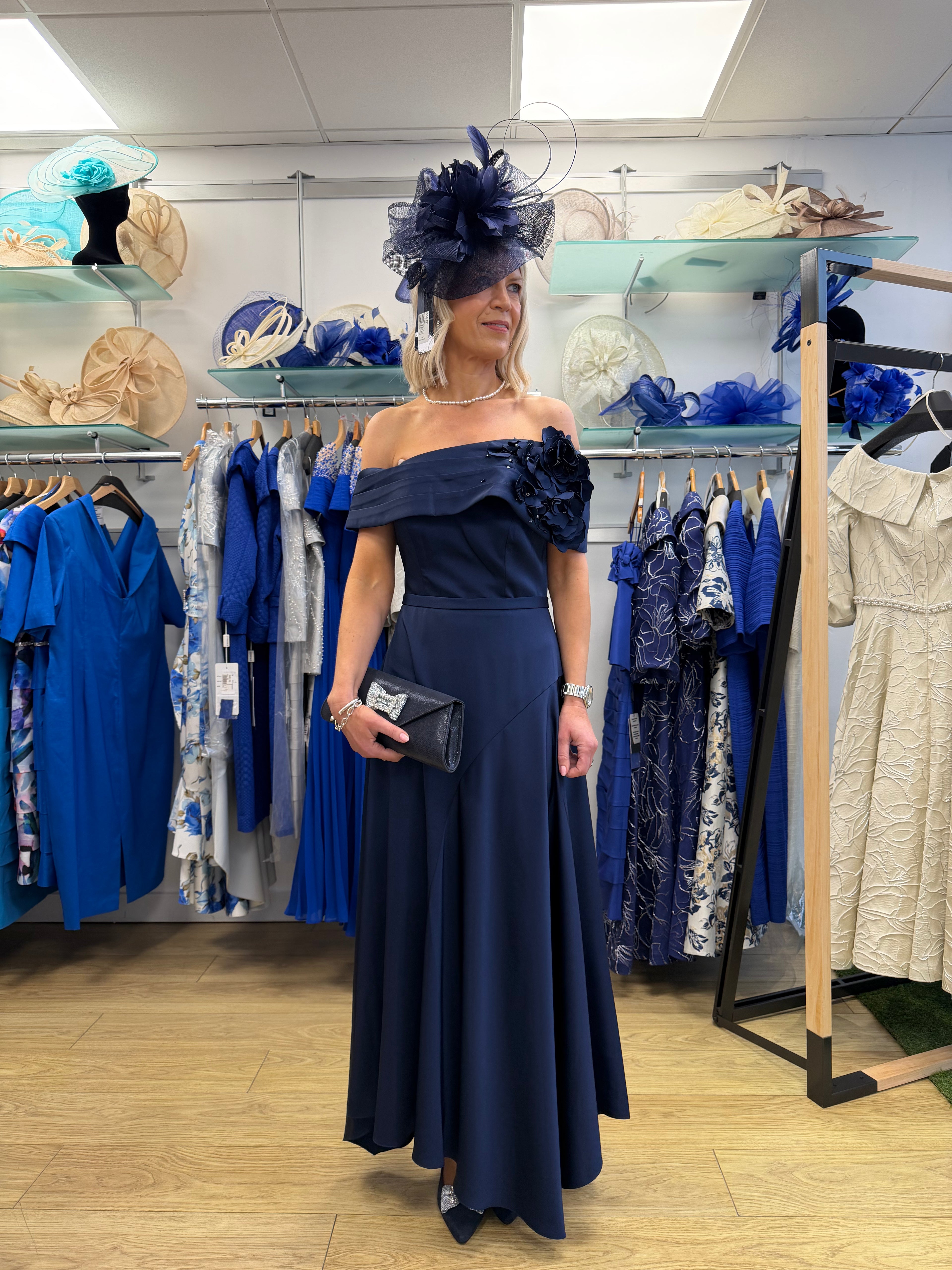 John Charles 29362B Navy Satin Mother of the Bride Dress Off-Shoulder Floral Detail