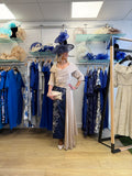 John Charles 29354BSV Navy & Champagne Mother of the Bride Dress with Embroidered Skirt and Draped Overlay