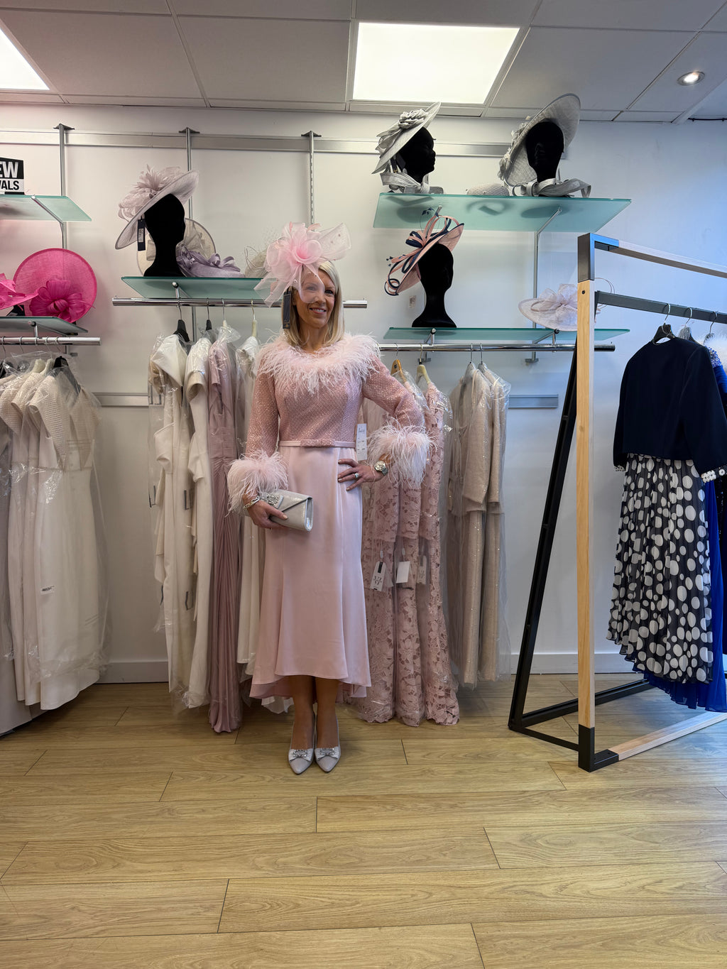 Irresistible tr8834tj Stunning Pink Crepe Dress With Embellished Bodice, Crepe Skirt, Sleeve and Feather Trim