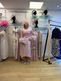 Irresistible tr8834tj Stunning Pink Crepe Dress With Embellished Bodice, Crepe Skirt, Sleeve and Feather Trim