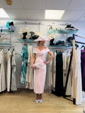John Charles 29280 Bardot Neckline Petal Pink Dress With Appliqué Floral Detail