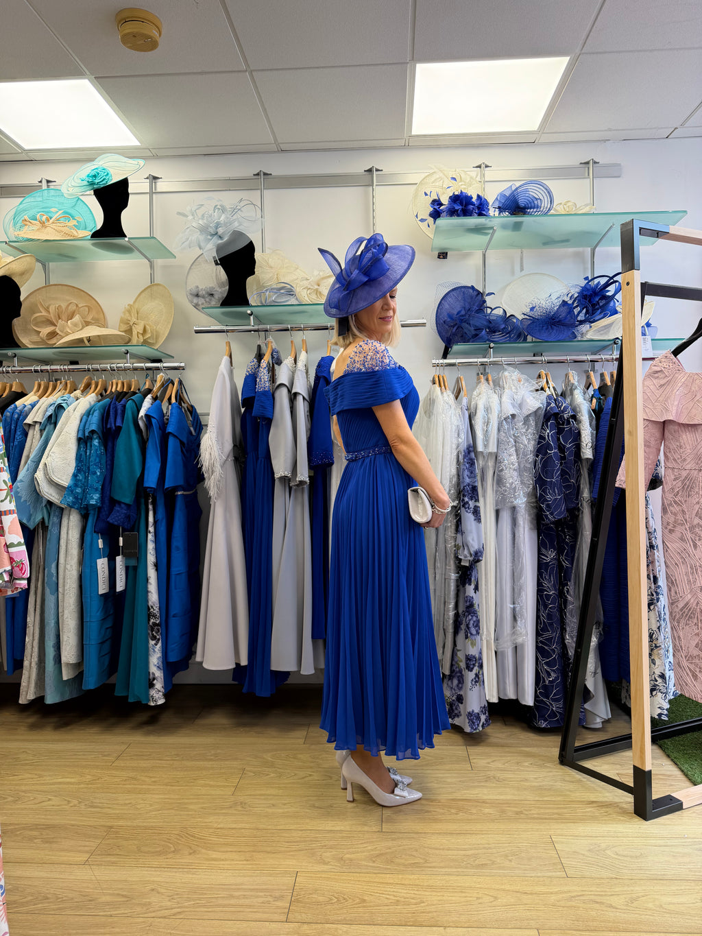 John Charles 66640 Elegant Pleated Off-Shoulder Midi Dress in Cobalt Blue
