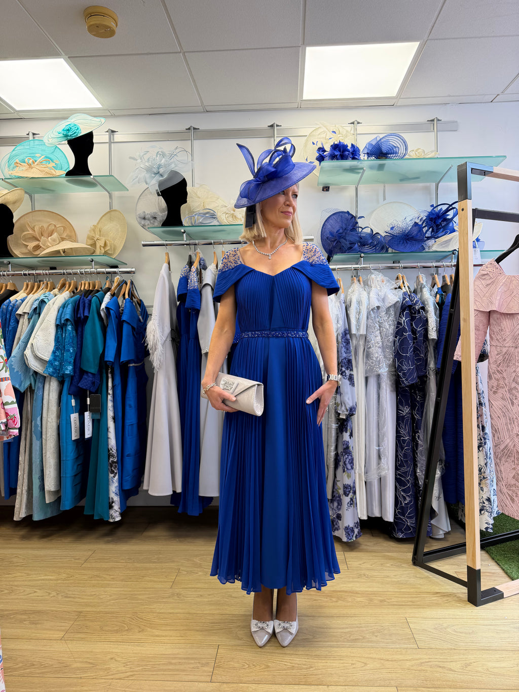 John Charles 66640 Elegant Pleated Off-Shoulder Midi Dress in Cobalt Blue