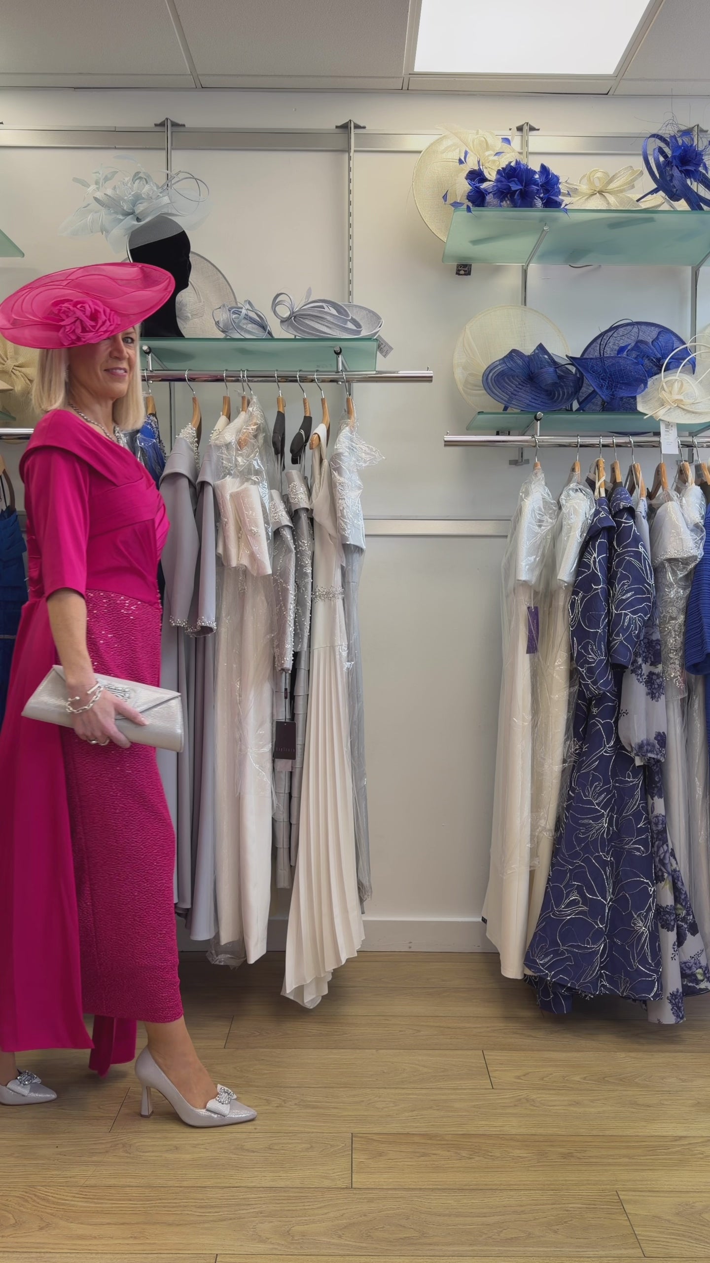 John Charles 29289 Elegant Ruby Pink Dress With Pearlised Crepe Stretch Skirt & Satin Overskirt