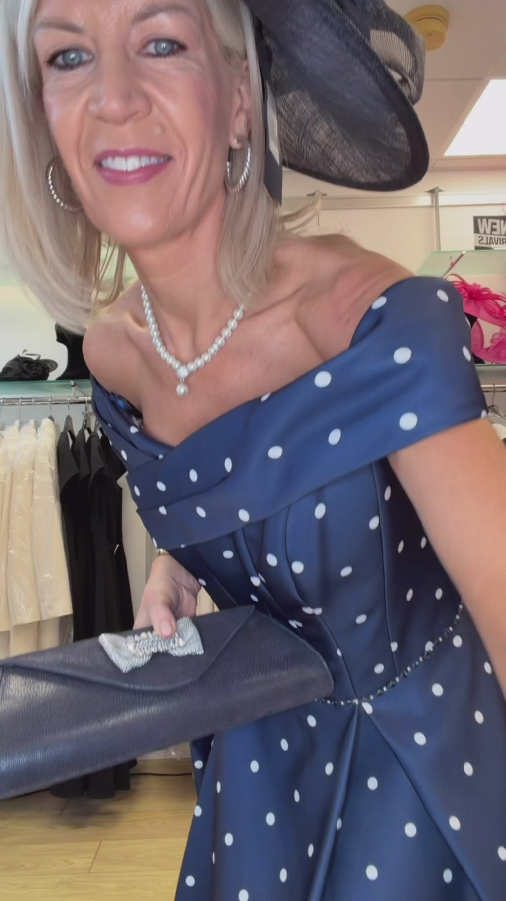 Veni Infantino 992765 e21 Contemporary Polka Dot Satin Bustier Navy and Ivory Dress