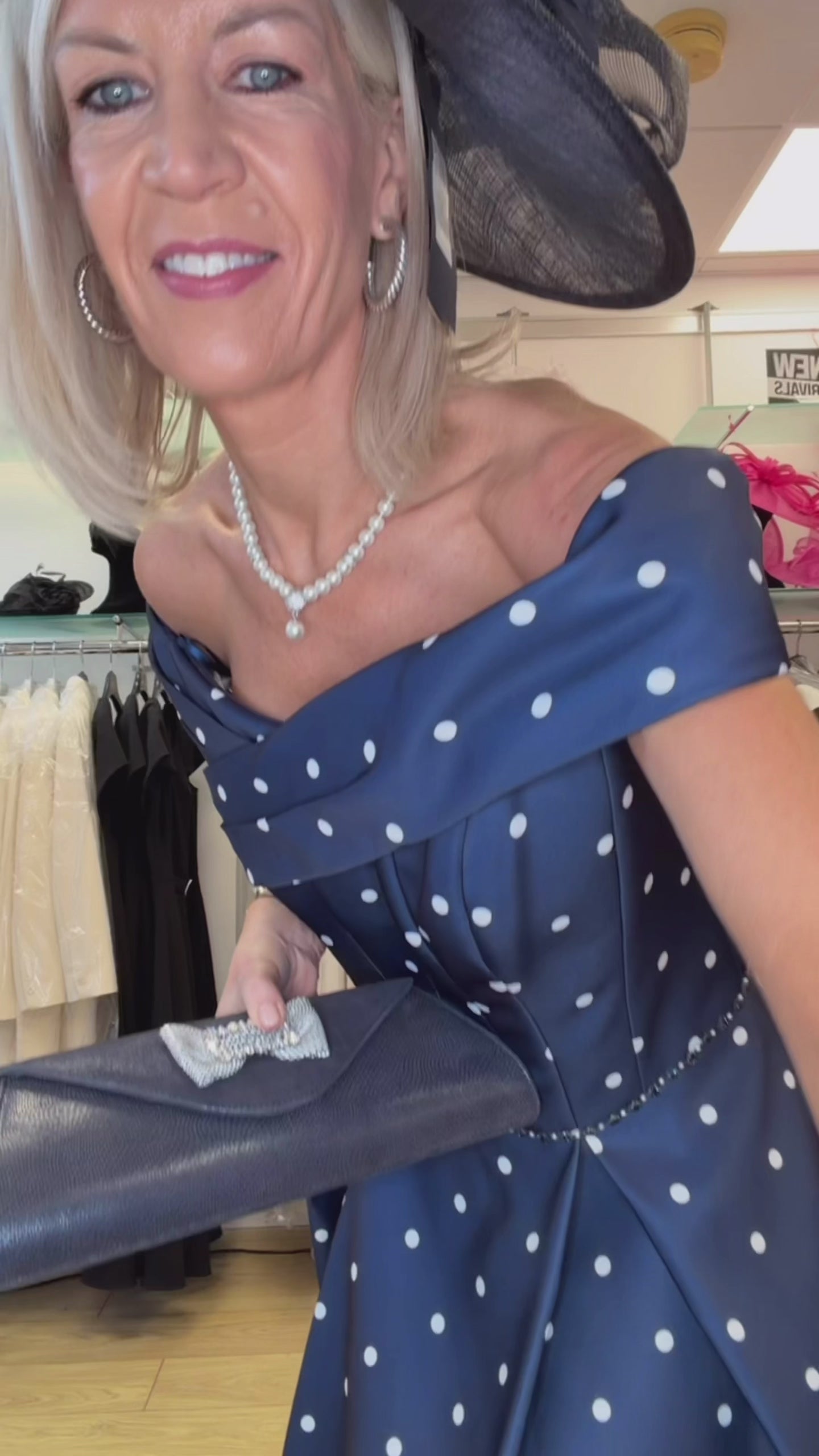 Veni Infantino 992765 e21 Contemporary Polka Dot Satin Bustier Navy and Ivory Dress
