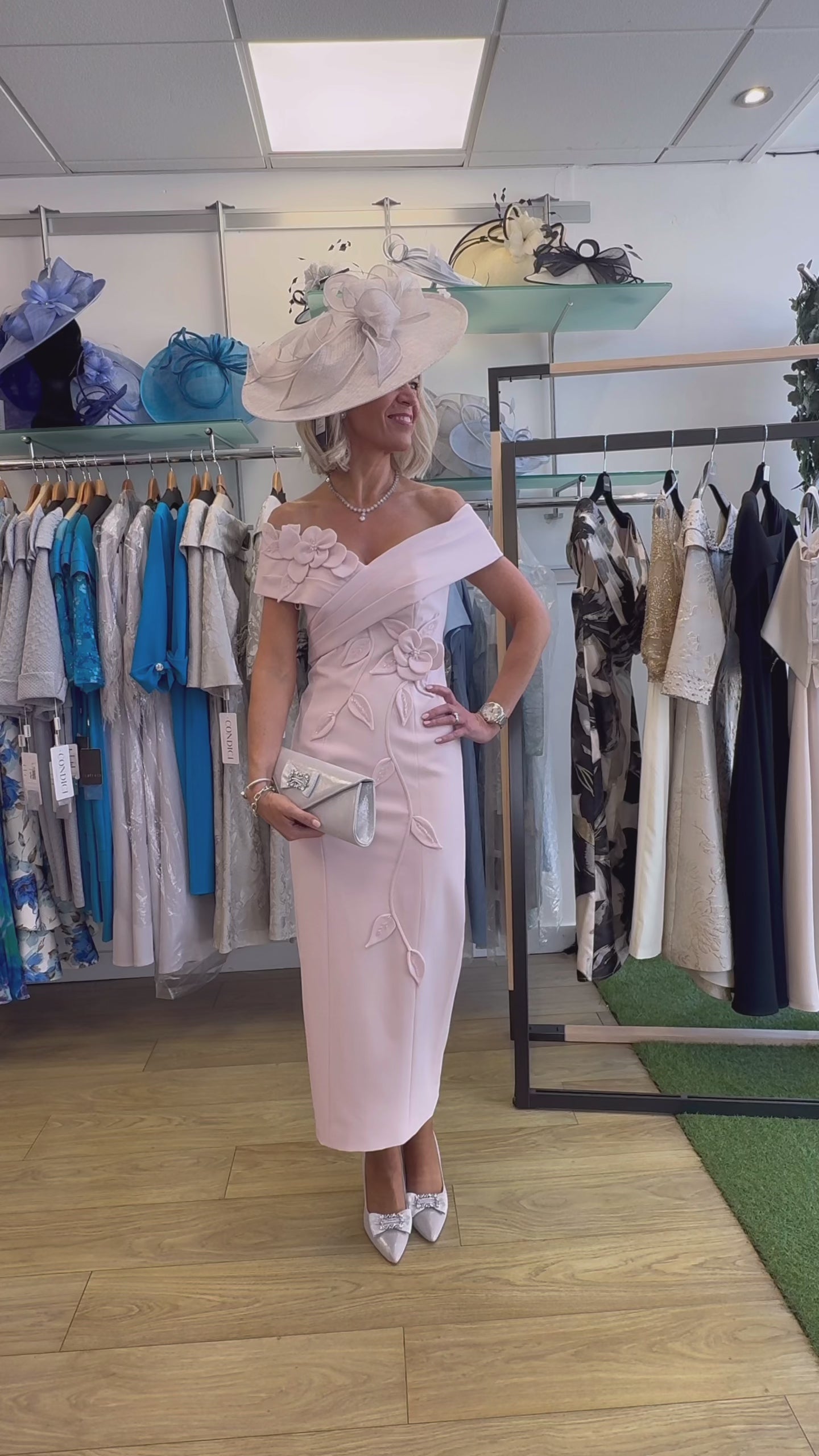 John Charles 29280 Bardot Neckline Petal Pink Dress With Appliqué Floral Detail