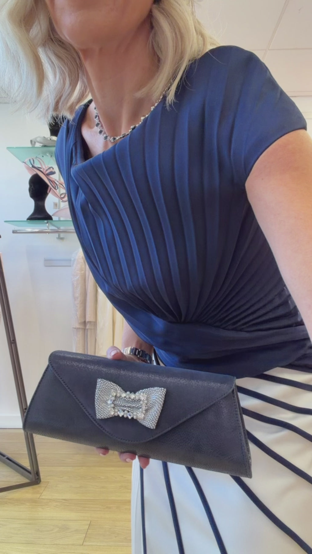 Veni Infantino 992759 Stunning Navy and Ivory Pleated Asymmetric Dress